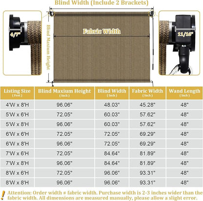 Shade&Beyond Outdoor Roller Shades with Splicing Design, 7' W x 8' H Cordless Patio Roll Up Blinds, Exterior Shade Cloth Roll for Porch, Gazebo, Pergola, Balcony, Coffee Brown