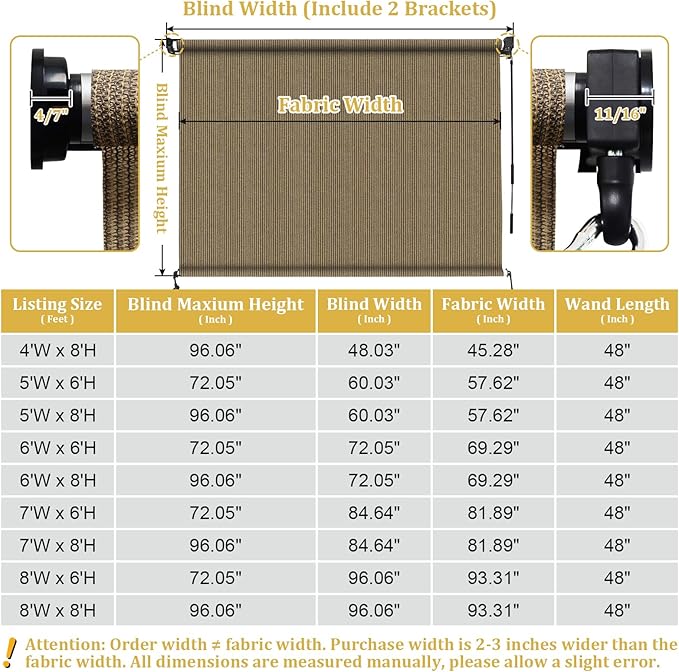 Shade&Beyond Outdoor Roller Shades with Splicing Design, 8' W x 6' H Cordless Patio Roll Up Blinds, Exterior Shade Cloth Roll for Porch, Gazebo, Pergola, Balcony, Coffee Brown