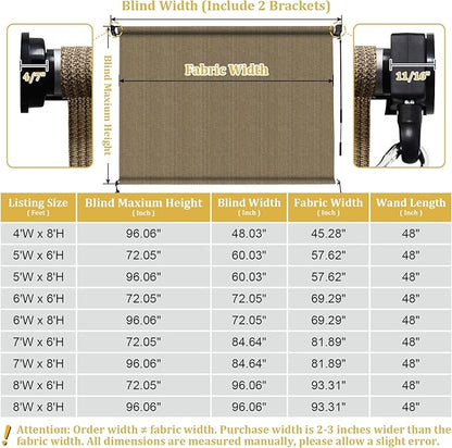 Shade&Beyond Outdoor Roller Shades with Splicing Design, 5' W x 8' H Cordless Patio Roll Up Blinds, Exterior Shade Cloth Roll for Porch, Gazebo, Pergola, Balcony, Coffee Brown