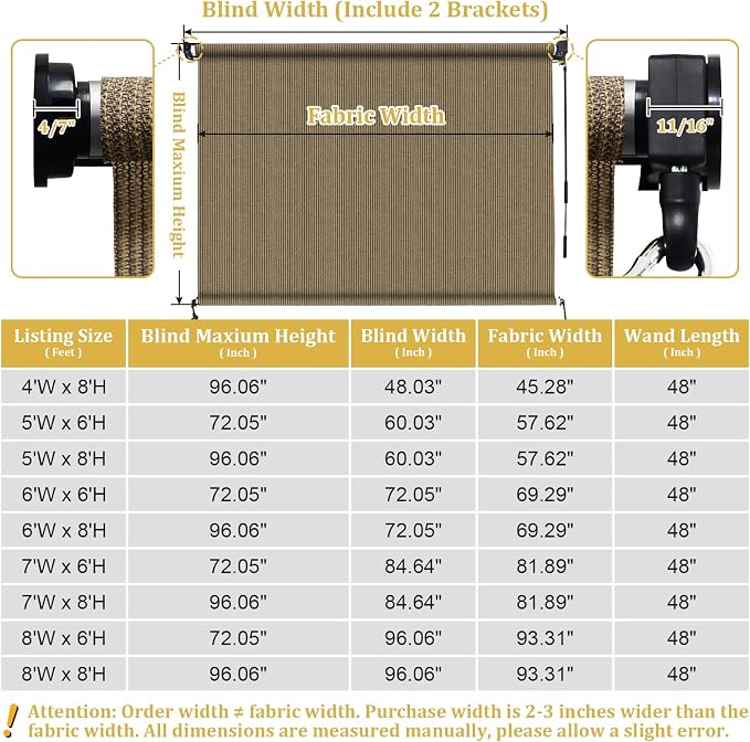 Shade&Beyond Outdoor Roller Shades with Splicing Design, 8' W x 8' H Cordless Patio Roll Up Blinds, Exterior Shade Cloth Roll for Porch, Gazebo, Pergola, Balcony, Coffee Brown