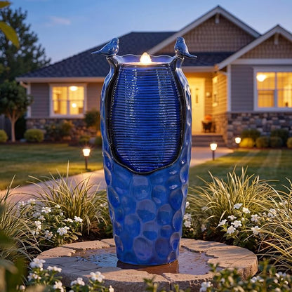 Autodaya 33" Vase Ceramic Outdoor Water Fountain with Lights and Birds | cobalt blue glazed water feature with textured design, ambient soothing cascading water flow for garden patio yard sanctuary