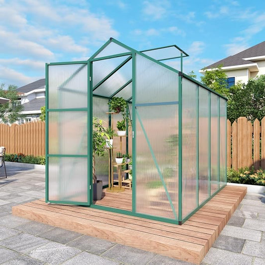 6x8 FT Greenhouse, Walk-in Heavy Duty Polycarbonate Outdoor Greenhouses with Raised Base & Anchor, Height-Enhanced Aluminum Frame, & Drainage System for Backyard All Season Growing, Green