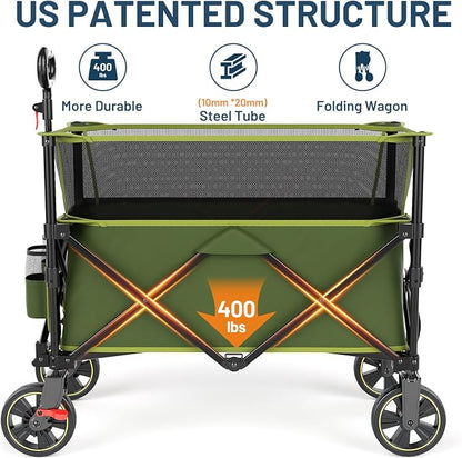 Timber Ridge Collapsible Folding Wagon 350L Extra Large with Brake, Heavy Duty Camping Utility Cart Outdoor, Extended Height Adjustable Handle, Cup Holders, Side Bag, Green