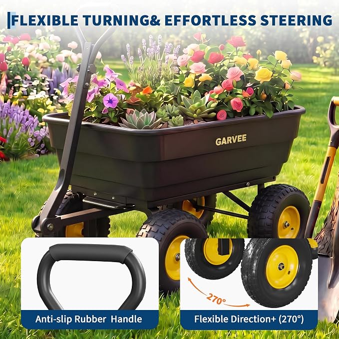 GarveeLife Poly Garden Dump Cart, 1200 lb Wheelbarrow Yard Cart with 13 in Wheels, Quick-Dump & Towable Utility Wagon for Yard, Soil, Rocks（Black）