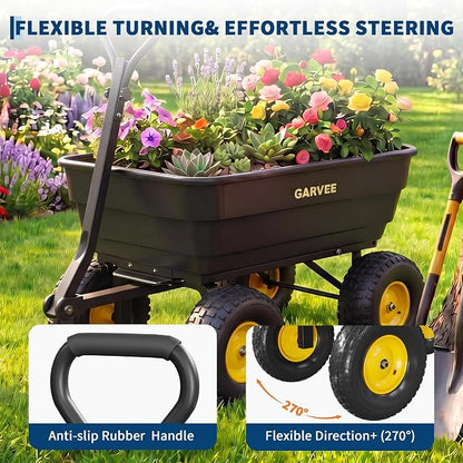 GarveeLife Poly Garden Dump Cart, 1200 lb Wheelbarrow Yard Cart with 13 in Wheels, Quick-Dump & Towable Utility Wagon for Yard, Soil, Rocks（Black）