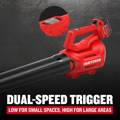 CRAFTSMAN V20 Cordless Axial Leaf Blower Kit, Includes 4.0 Ah Battery and Charger, 100 MPH and 380 CFM Clearing Power, Lightweight, 2 Speed Trigger (CMCBL700M1)