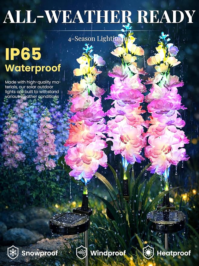 GIGALUMI Solar Lights Outdoor for Garden Decor, 2 Pack Solar Flower Lights Waterproof, 2 Lighting Modes Delphinium for Pathway,Yard, Patio, 4th of July Decoration, Gifts for Women (Pink)