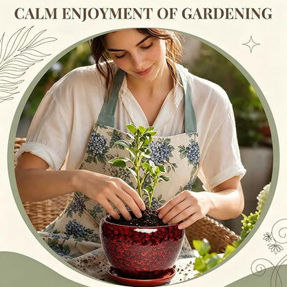 11 Inch Ceramic Plant Pot with Drainage Hole Mesh Net, Large Gardening Pots for Indoor Plants with Saucer, Speckle Red