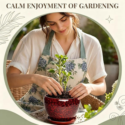 9.5 Inch Ceramic Plant Pot with Drainage Hole Mesh Net,Modern Gardening Pots for Indoor Plants with Saucer, Speckle Red