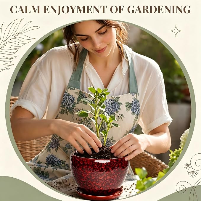 7.5 Inch Ceramic Plant Pot with Drainage Hole Mesh Net,Modern Gardening Pots for Indoor Plants with Saucer, Speckle Red