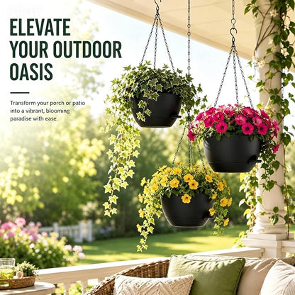 12 Inch Self Watering Hanging Planters 2 Pack, Black. | Plastic planters with drainage holes and saucers. Suitable for indoor, outdoor, kitchen, balcony and garden plant decor.