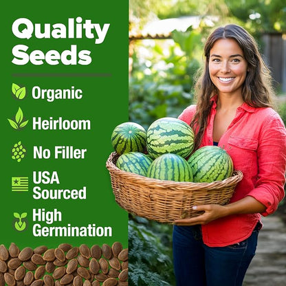 HOME GROWN Organic Crimson Sweet Watermelon Seeds 15+ Heirloom Non-GMO, High Germination, Honey Sweet Summer Fruit, Striped Skin, Home Garden & Raised Beds, High Sugar Content (Citrullus lanatus)