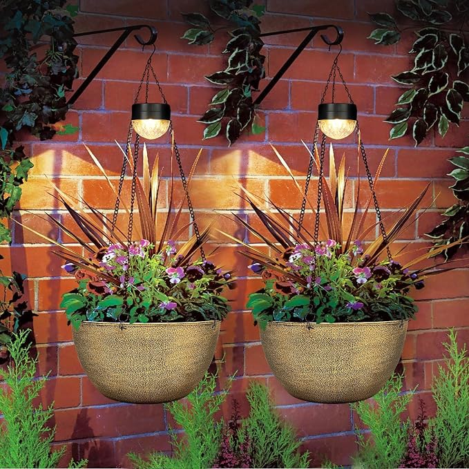 SUNNYPARK 2 Pack Solar Hanging Planters for Plants Outdoor | Self Watering, Copper Flower Pots with Solar Light, Hanging Garden Planters with Drainer for Balcony Patio Outdoor Decor