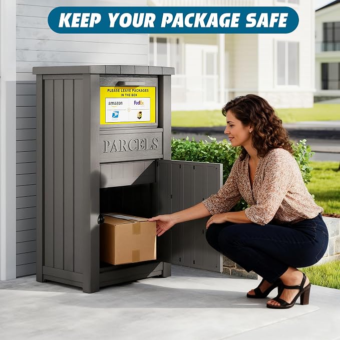 LHBGO Package Delivery Box with Sign, Lockable & Weatherproof Anti-Theft Parcel Delivery Box for Porch, Curbside, Patio,Gray