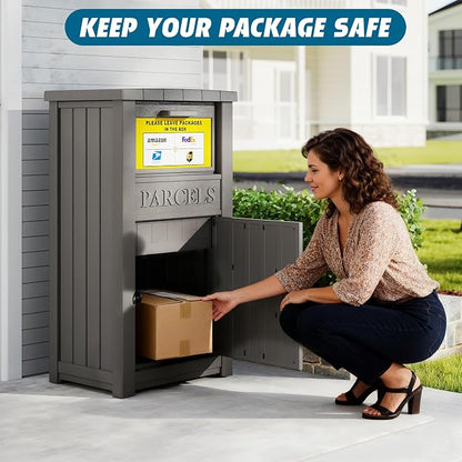 LHBGO Package Delivery Box with Sign, Lockable & Weatherproof Anti-Theft Parcel Delivery Box for Porch, Curbside, Patio,Gray