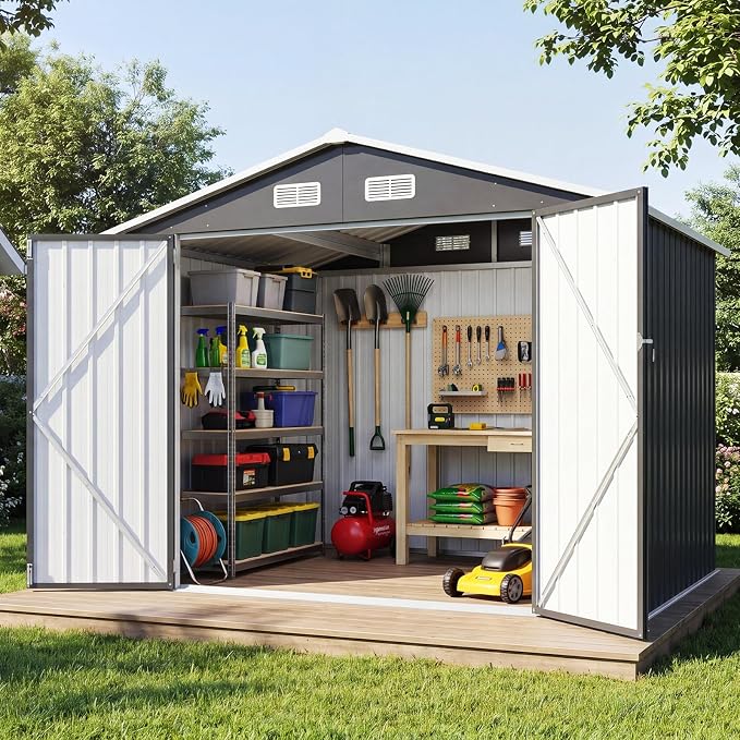 8x6FT Outdoor Storage Shed Black | Metal Garden Tool Shed with Sloping Roof & Lockable Door for Garden, Patio, Backyard