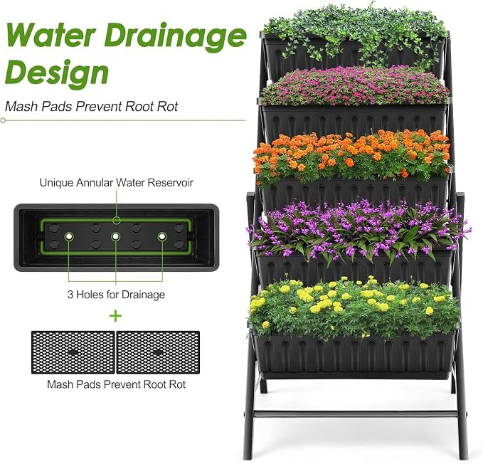 Suyncll 2 Pack Vertical Raised Garden Bed, 5 Tiers Elevated Planter Box with Drainage System and 4 Hooks, 4FT Vertical Planter for Herbs Vegetables Flowers, Black
