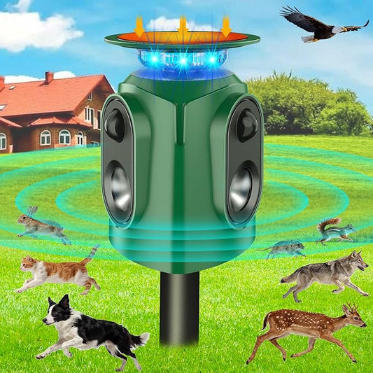 Ultrasonic Animal Repeller Outdoor - Cat Repellent & Deer Deterrent with PIR Sensor & Solar Powered,360° Protection Against for Squirrels, Dog, Deer, Raccoons, Skunks, Rabbits in Garden,Yard, Farm
