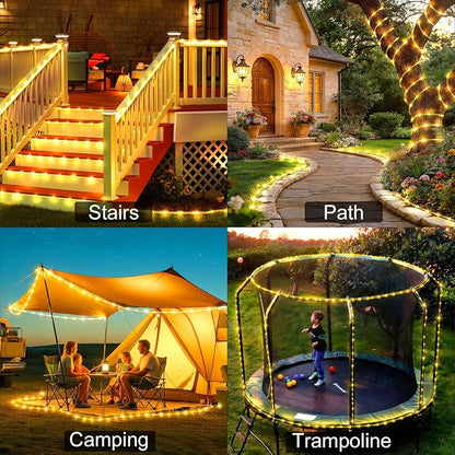 KNONEW Solar Rope Lights Outdoor 2 Packs Total 600LED 100FT Solar String Light Outside Waterproof with 8 Modes Clear Thin Tube for Pool Patio Garden Fence Camping Yard Deck Trampoline（Warm White）