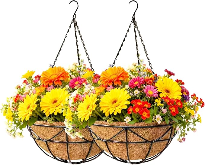 2 Pack 12 Inch Black Metal Hanging Basket Hanging Planter with Coco Coir Liner Heavy Duty Hanging Flower Pot Holder for Indoor Outdoor Patio Garden Porch Balcony Decor (Geometric)