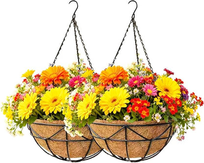 2 Pack 12 Inch Black Metal Hanging Basket Hanging Planter with Coco Coir Liner Heavy Duty Hanging Flower Pot Holder for Indoor Outdoor Patio Garden Porch Balcony Decor (Geometric)