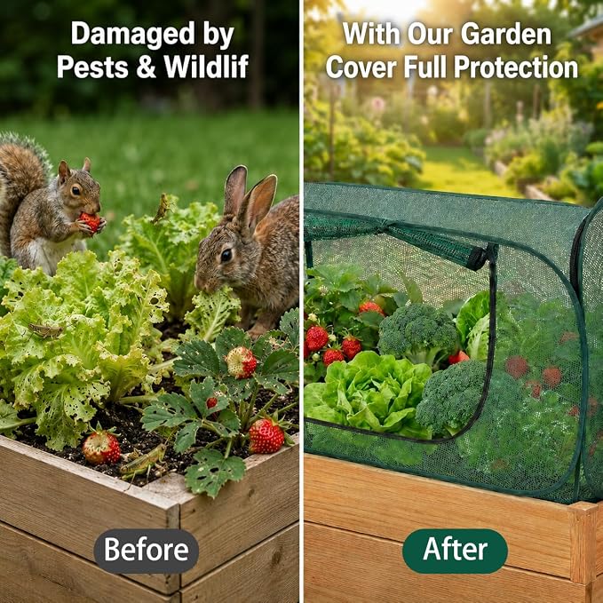 4 Pack Pop Up Mesh Plant Cover, 33% Sunblock Garden Covers for Raised Beds, Breathable Garden Netting for Raised Beds with 16 Stakes for Protecting Seedlings Fruits(44 x 22 x 17.5 in)