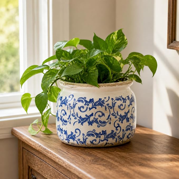 Dosayes Large Ceramic Pot for Planters, Ice Crack Glazed Flower Pot with Drainage Holes,5.91inch Vintage Planters for Indoor and Outdoor (Blue)
