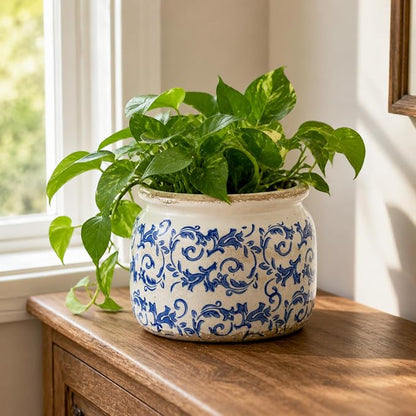 Dosayes Large Ceramic Pot for Planters, Ice Crack Glazed Flower Pot with Drainage Holes,5.91inch Vintage Planters for Indoor and Outdoor (Blue)