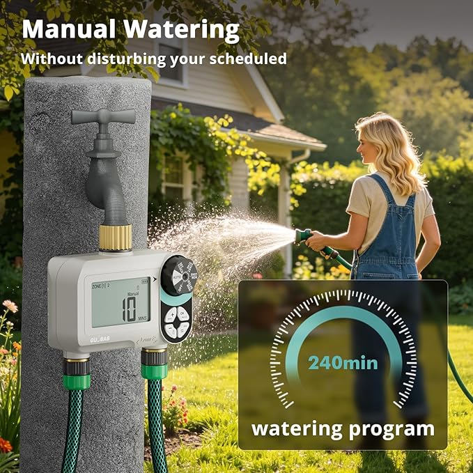 QUOBAS Zero Pressure Sprinkler Timer with Child Lock, Programmable Water Timer for Garden Hose Faucet with Brass Ports, Rain Delay/Manual/Auto Irrigation System, 2 Zone Watering for Rain Barrel