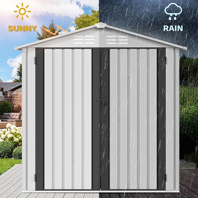 DWVO 6x4ft Small Tool Storage Shed, Lockable Doors, and Sloped Roof, Oversized Steel Outdoor Storage Shed for Garden, Patio, Garage, Backyard, Lawn - White