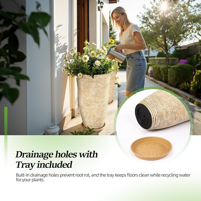 QCQHDU Set of 2 9 Gallon Tall Large planters for Outdoor/Indoor Plants of 12" Dia x 21" H Round Flower Pots Set Faux Stone Finish Front Door Patio Square Porch Planters with Tray, Beige