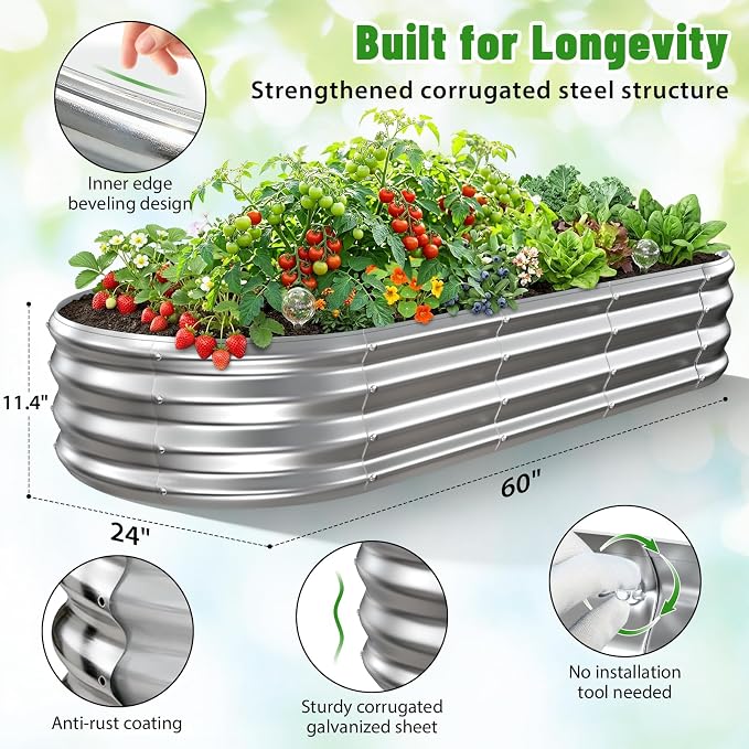 Oval Raised Garden Bed, 5 x 2 x 1FT, Galvanized Steel Planter Box with Wave-Shaped Metal Panels for Outdoor Flower,Tree,Herb & Vegetable Garden (Silver, 60X24X12 inches)