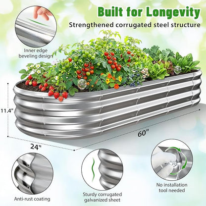Oval Raised Garden Bed, 5 x 2 x 1FT, Galvanized Steel Planter Box with Wave-Shaped Metal Panels for Outdoor Flower,Tree,Herb & Vegetable Garden (Silver, 60X24X12 inches)
