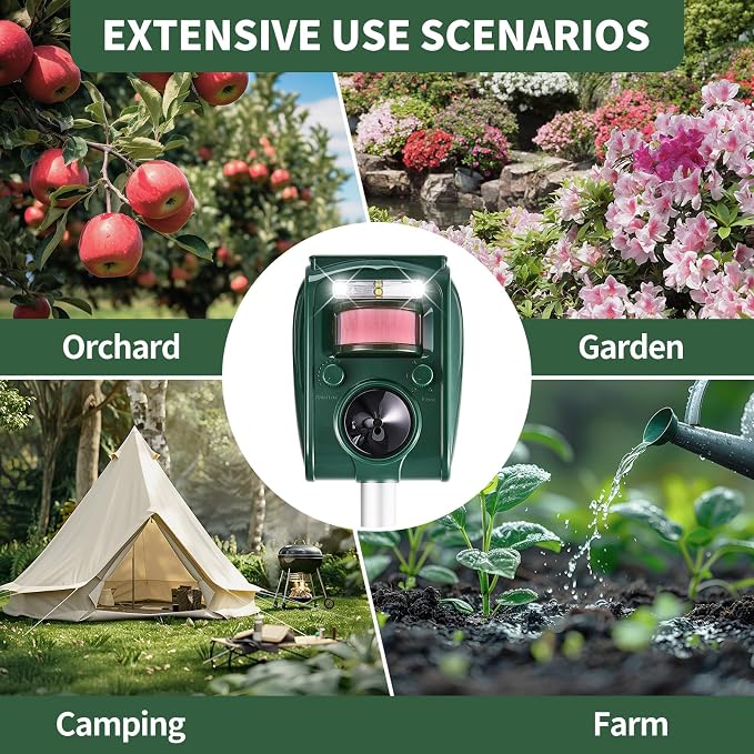 Adjustable-Mode Solar Ultrasonic Animal Repellent, Squirrel Deer Cat Raccoon Repellent Device, Outdoor Waterproof Motion Detection Animal Deterrent, Rabbit Dog Deterrent for Yard, 2P Dark Green
