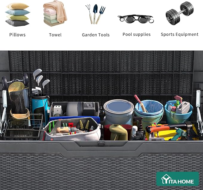 YITAHOME 100 Gallon Resin Deck Box | Weather Resistant Outdoor Storage Box, Lockable Indoor Outdoor Storage for Supplies and Essentials, Dark Gray