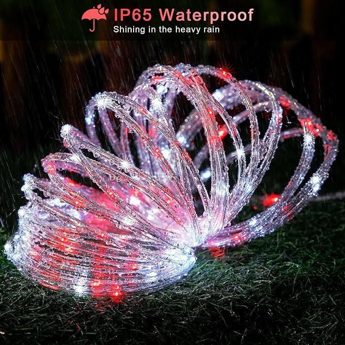 JMEXSUSS 72ft 200 LED Red and White Solar Christmas Rope Lights | IP65 Outdoor Waterproof Christmas Rope Lights with 8 Modes, Solar Christmas Lights for Fence Yard Walkway Christmas