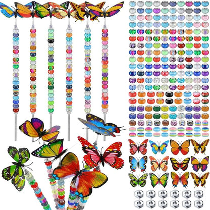 Tigeen 236 Pcs Garden Stake DIY Fairy Wand Plant Stake with 12 Colorful Crystal Stopper Top 12 Threaded Rod with 200 Large Hole Bead for Spring Summer Holiday Outdoor Decorations(Butterfly)