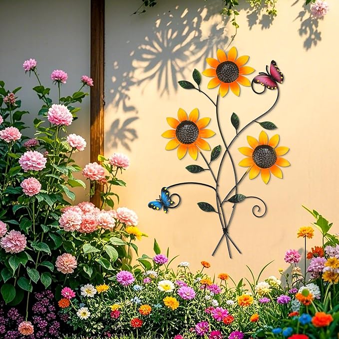 DETENE Metal Sunflower Wall Decor with Butterfly 3D Colorful Outdoor Wall Art Fence Decorations for Patio Metal Flowers Wall Hanging Ornament for Garden Porch Living Room Balcony Farmhouse