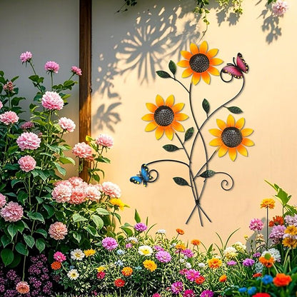 DETENE Metal Sunflower Wall Decor with Butterfly 3D Colorful Outdoor Wall Art Fence Decorations for Patio Metal Flowers Wall Hanging Ornament for Garden Porch Living Room Balcony Farmhouse