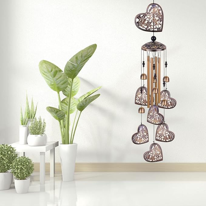 Outdoor Hearts Wind Chimes, Bronze Wind Chimes, Heart-Shape Wind Bells Gifts for Mom & Women, Heart Memorial Wind Chime for Home, Garden, Indoor, Outdoor Decoration, Garden Windchimes