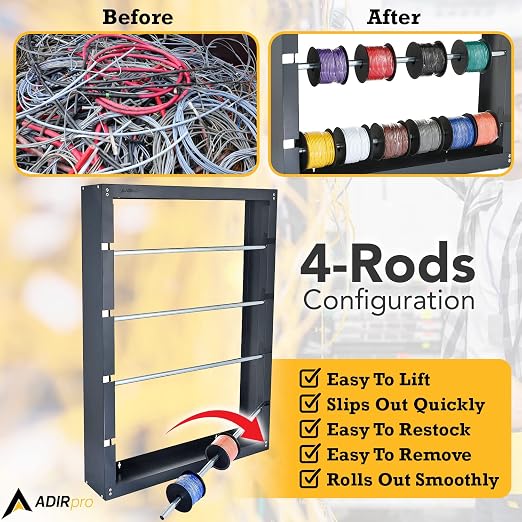 AdirPro Wire Spool Rack - Superior Strength Wire/Cable Dispenser - Conduit Display & Storage for Electrical Industrial & Retail Use (4 Rods, Grey)