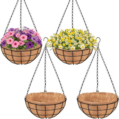 16 inch Hanging Baskets for Plants Outdoor, 4 Pack Large Hanging Planters for Outdoor Plants, Round Wire Hanging Flower Pots with Coconut Coir Liners for Garden, Deck, Porch, Balcony