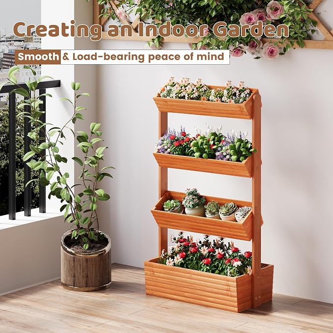 Wooden Raised Garden Bed Vertical Planter Box, Freestanding Plant Stand for Indoor Outdoor Plants, Herbs, Flowers, Vegetables, Gardening (Reddish Brown, 4-Tier，29.9 x 17.9 x 55in)