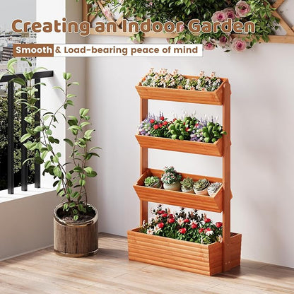 Wooden Raised Garden Bed Vertical Planter Box, Freestanding Plant Stand for Indoor Outdoor Plants, Herbs, Flowers, Vegetables, Gardening (Reddish Brown, 4-Tier，29.9 x 17.9 x 55in)