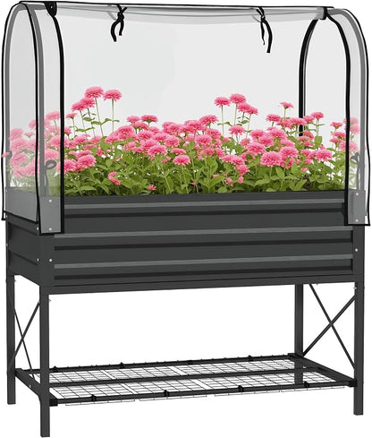 Outsunny Raised Garden Bed with Cover and Storage Shelf, Rectangular Metal Elevated Planter Box with Legs and Bed Liner for Vegetables, Flowers, Herbs, Black