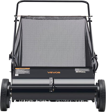 VEVOR Push Lawn Sweeper 26 Inch Leaf & Grass Collector Strong Rubber Wheels | Heavy Duty Thickened Steel Durable to Use with Large Capacity 7 ft³ Mesh Collection Bag, 4 Spinning Brushes