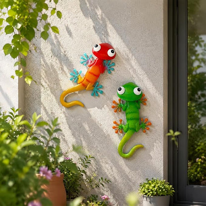HONGLAND Gecko Metal Wall Art- 15 Inch 3D Lizard Wall Decor Outdoor Garden Sculptures & Statues with Free-Adjustable Head, 2 Pack Yard Decorations for Garden Fence Home