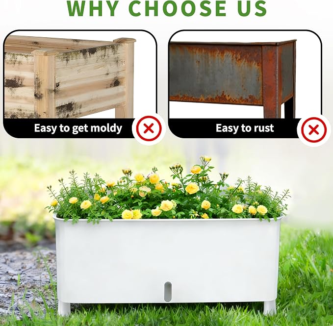 Self-Watering Raised Planter Box with Lockable Wheels,2-Tier Elevated Garden Bed with Visible Water Level Window,Indoor Outdoor Plastic Plant Box for Flowers,Vegetables & Herbs