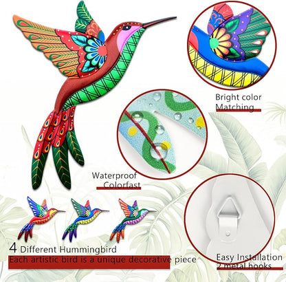 Outdoor Metal Wall Art - 3D Metal Hummingbird Wall Decor - Fence Decorations Outdoor - Decorations for Garden Fence Backyard Bedroom Patio Living Room,Gift for Family Friends(4 Pack)