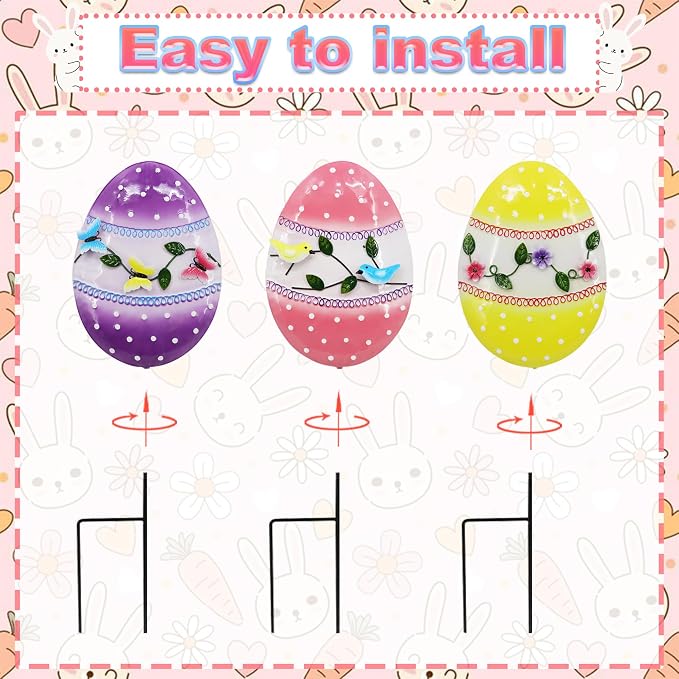 3 Pcs Easter Decorations Outdoor Metal Easter Eggs Yard Signs Decorative Garden Stakes Eggs Lawn Decorations Yard Decor for Spring Ornament Lawn Pathway Garde